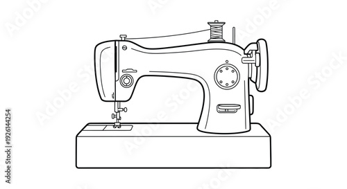 Classic black and white outline vector illustration of a vintage domestic sewing machine ready for crafting