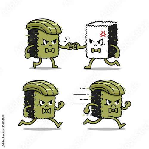Cartoon sushi rolls fighting and breaking apart with angry expressions