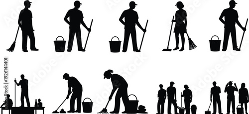 Cleaning staff and janitor silhouettes set, workers with broom mop bucket isolated black shadow figures collection