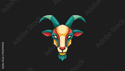 Colorful Geometric Goat Head Emblem with Horns.