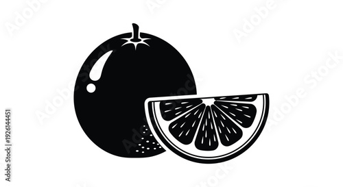 A simple black and white vector illustration featuring a whole ripe orange and a refreshing citrus slice graphic design.