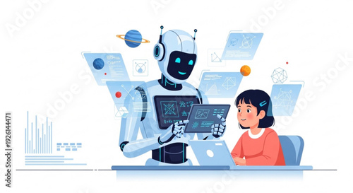 Robot and girl collaborating on laptop with data analysis and digital documents floating around them in a futuristic workspace