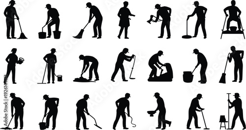 Cleaning worker silhouettes, janitorial tools illustration, sweeping and mopping art, sanitation labor concept, maintenance profession design, custodial workforce representation