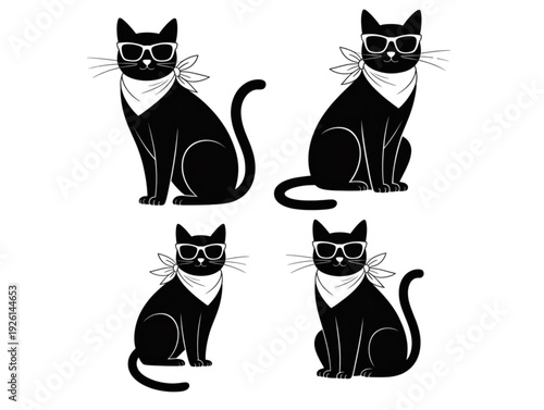 Cool black cat silhouette vector set, with stylish sunglasses and scarves, for funny pet mascot design