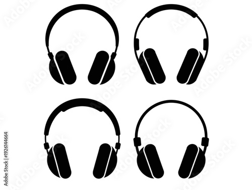 Black wireless headphone silhouette vector set, for music audio icons, electronic gadgets, and sound equipment elements