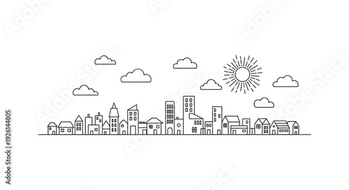 Simple black and white vector illustration of a minimalist city skyline with various buildings, clouds, and a shining sun.