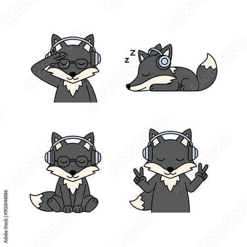 Cartoon fox character set with different emotions wearing headphones in monochrome style