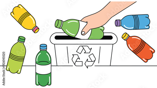 Recycling plastic bottles in a recycling bin with a hand