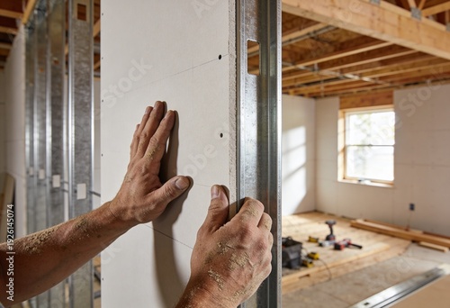 A close-up of a person's hands installing a gypsum board onto metal studs during an interior construction project.