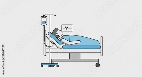 Sick Woman Lying in Hospital Bed with IV Drip, Flat Illustration