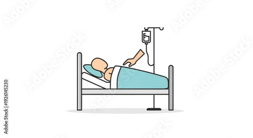 Sick Person Lying in Hospital Bed with IV Drip, Isolated on White Background