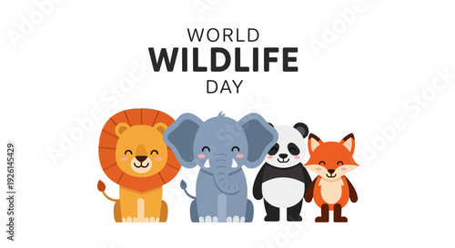 Vector illustration of a lion, elephant, panda, and fox celebrating World Wildlife Day on March 3 for wildlife conservation awareness with a colorful design on a white background.