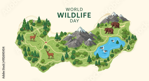 Illustration of a World Wildlife Day map with diverse animals and ecosystems on a green landscape with mountains and water, promoting biodiversity protection and awareness.