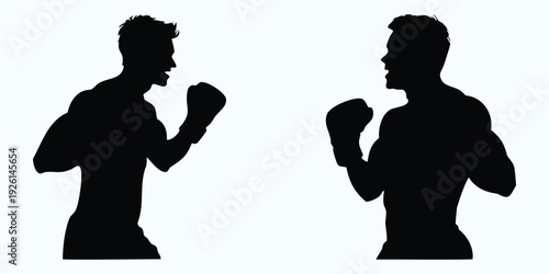 Two boxers silhouetted against a white background in a fighting stance.