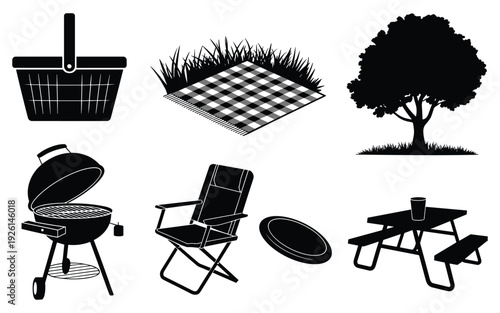 Outdoor Picnic and Barbecue Icons: Grill Basket Blanket Chair Table Tree