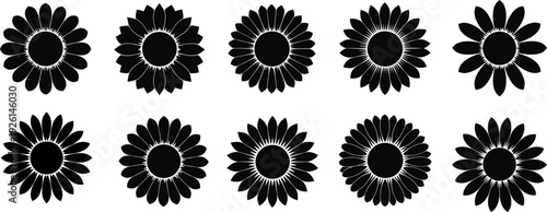 A collection of eight identical black floral mandala designs with white outlines arranged in two rows on a plain white background