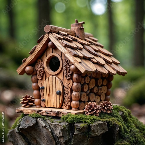 This is a decorative wooden birdhouse made in the style of a fairy-tale house or log house