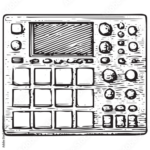 Vintage Drum Machine Sampler Pad Electronic Beat Production Illustration