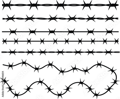 Black barbed wire silhouette vector set, for security border protection, prison fence, and military concepts