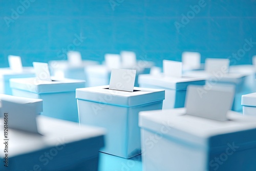 Rows of Voting Booths with Ballot Papers in a Conceptual Election Scene.