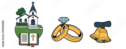 Wedding icon set with church, rings, and bells illustration