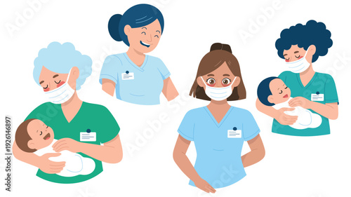 Nurse holding newborn baby in hospital with medical staff wearing face masks