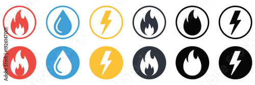 Gas Water and Electricity Icon Graphic, Utility Service Sign with Electricity Bolt, Water Drop and Gas Flame Symbol, Professional Vector Illustration