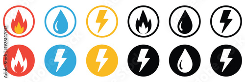 Gas Water and Electricity Icon Graphic, Utility Service Sign with Electricity Bolt, Water Drop and Gas Flame Symbol, Professional Vector Illustration