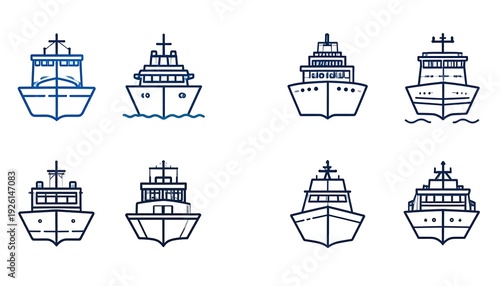 Collection of eight line art illustrations of various watercraft vessels, each with unique hull and superstructure designs