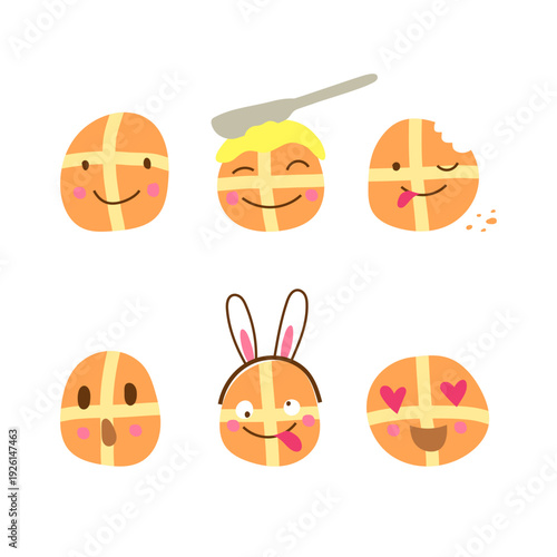 Set of handdrawn Easter hot cross bun emoji. Cute baked bread with different emotions for seasonal messages, stickers, social media, greetings.