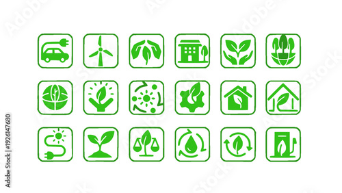 Modern green square eco icons featuring renewable energy, recycling, wind turbines, water conservation, plant growth, and sustainable development symbols.