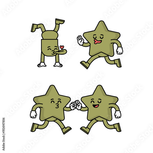 Cartoon stars exercising and holding hands in a fun and playful style