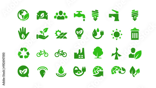 Comprehensive green renewable energy and environmental protection icon collection. Includes wind turbines, solar energy, recycling bins, eco vehicles, water drops, and nature conservation symbols.