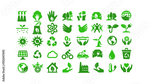 Comprehensive green sustainability icon collection including organic farming, eco houses, renewable resources, green technology, and environmental protection symbols.