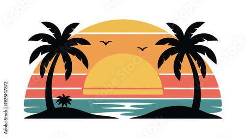 Tropical sunset with palm trees and birds flying over a calm ocean beach