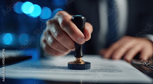 Close-up of a Hand Stamping a Document with a Seal.