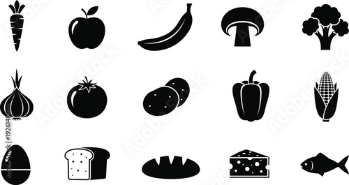 Set of black and white icons representing various food items, perfect for healthy eating concepts, recipes, or grocery lists.