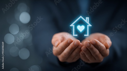 Person holding a digital house with a heart symbolizing care and protection