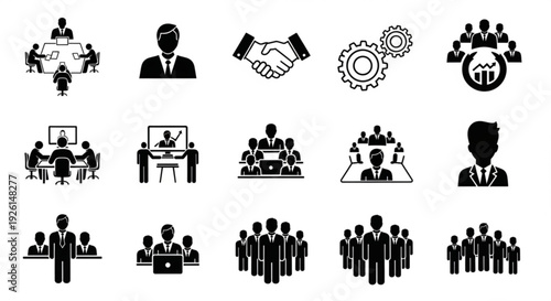 A collection of simple black icons on white depicting various business and teamwork concepts from a straightforward perspective.