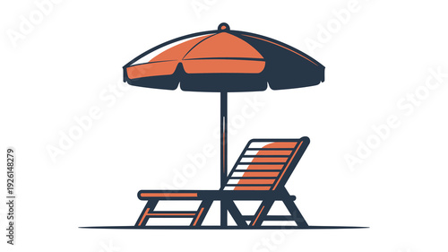 A relaxing beach lounge chair set under a large orange and black umbrella.