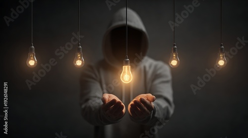 Mysterious figure in a hooded cloak holding a glowing light bulb in the dark