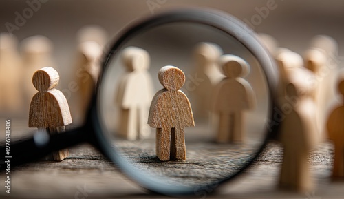 Magnifying glass focuses on a single wooden figurine amidst others