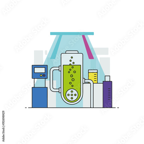 Microalgae bioreactor with bubbling neon green liquid for renewable biofuel and biotechnology laboratory research