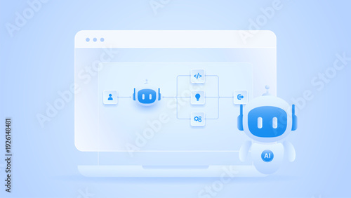 AI workflow automation artificial intelligence. ai agent assistant network diagram connecting node input, processing flow system, data pipelines and automation system.