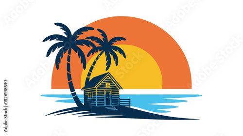 Tropical beach hut at sunset with a palm tree silhouette
