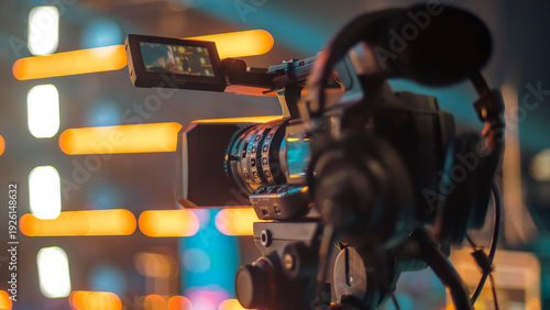 Schilderij op canvas Professional Video Camera on Tripod Filming Event with Bright Bokeh Lights and C