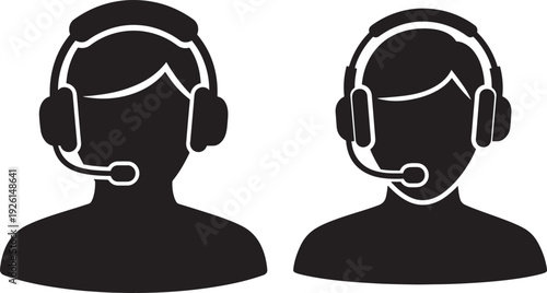 Silhouette people with headsets and microphone