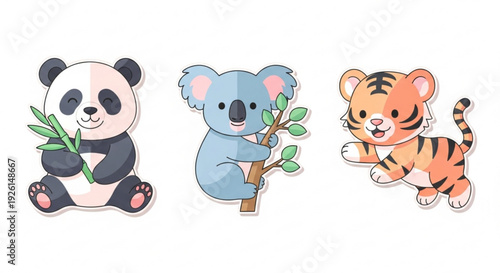 Cute cartoon animals panda koala and tiger cubs playing with leaves on white background fun and friendly wildlife illustrations