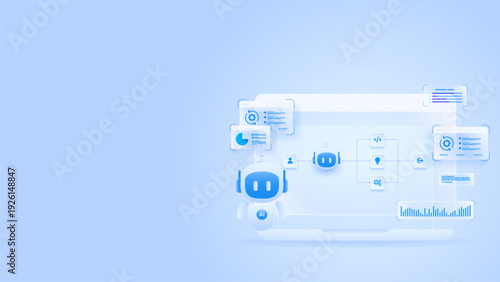 AI workflow automation artificial intelligence. ai agent workflow diagram dashboard machine learning with node input, data processing module, analytics panel and process flow.