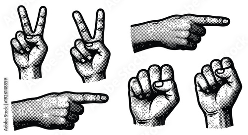Vintage pop art inspired hand sign illustration set with grunge halftone shading